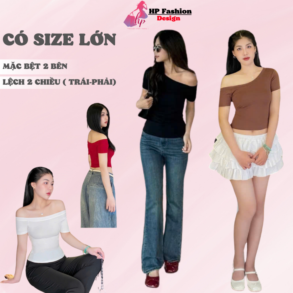 Áo thun lệch trễ hở vai body cộc ngắn tay, áo kiểu nữ màu đen trắng  co giãn mùa