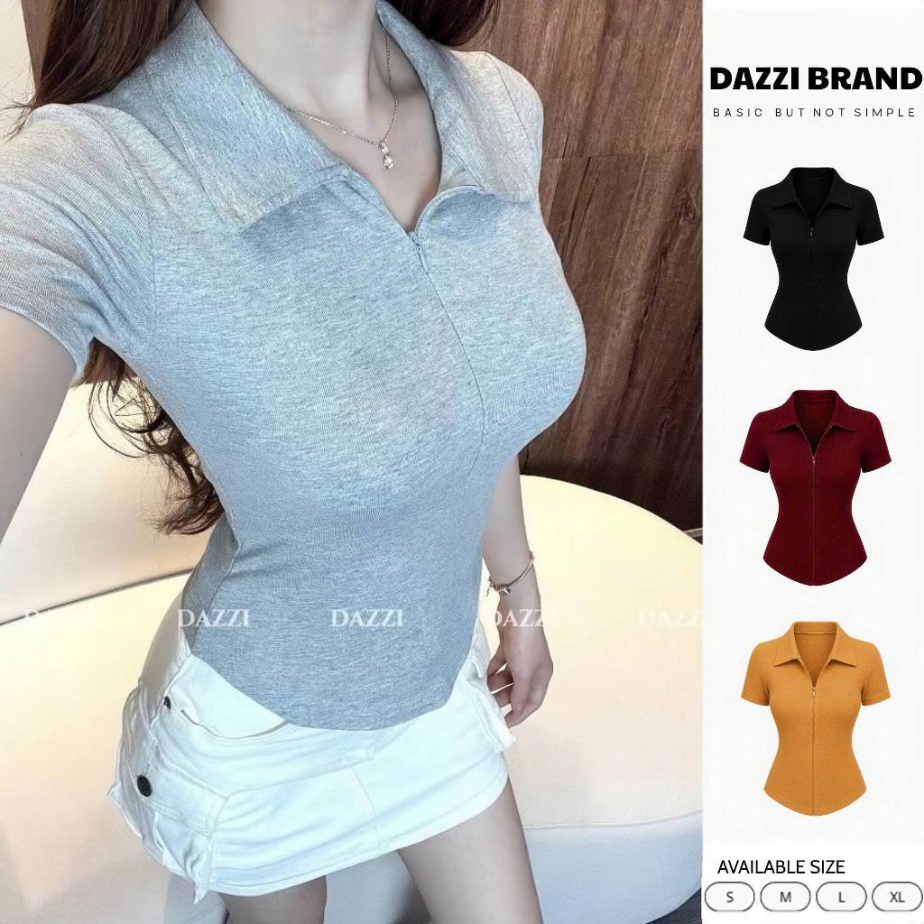 [MÀU MỚI 2026] Áo thun nữ cổ bẻ phối dây kéo DAZZI , áo polo nữ ôm dáng vải cott