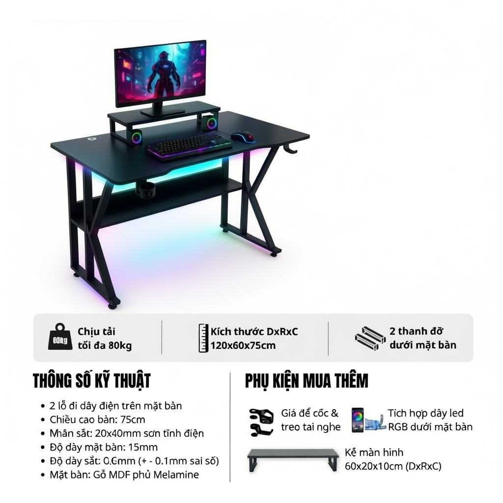 Bàn làm việc, gaming chữ K Nội Thất 5C nhiều phiên bản, khung sắt sơn tĩnh điện 