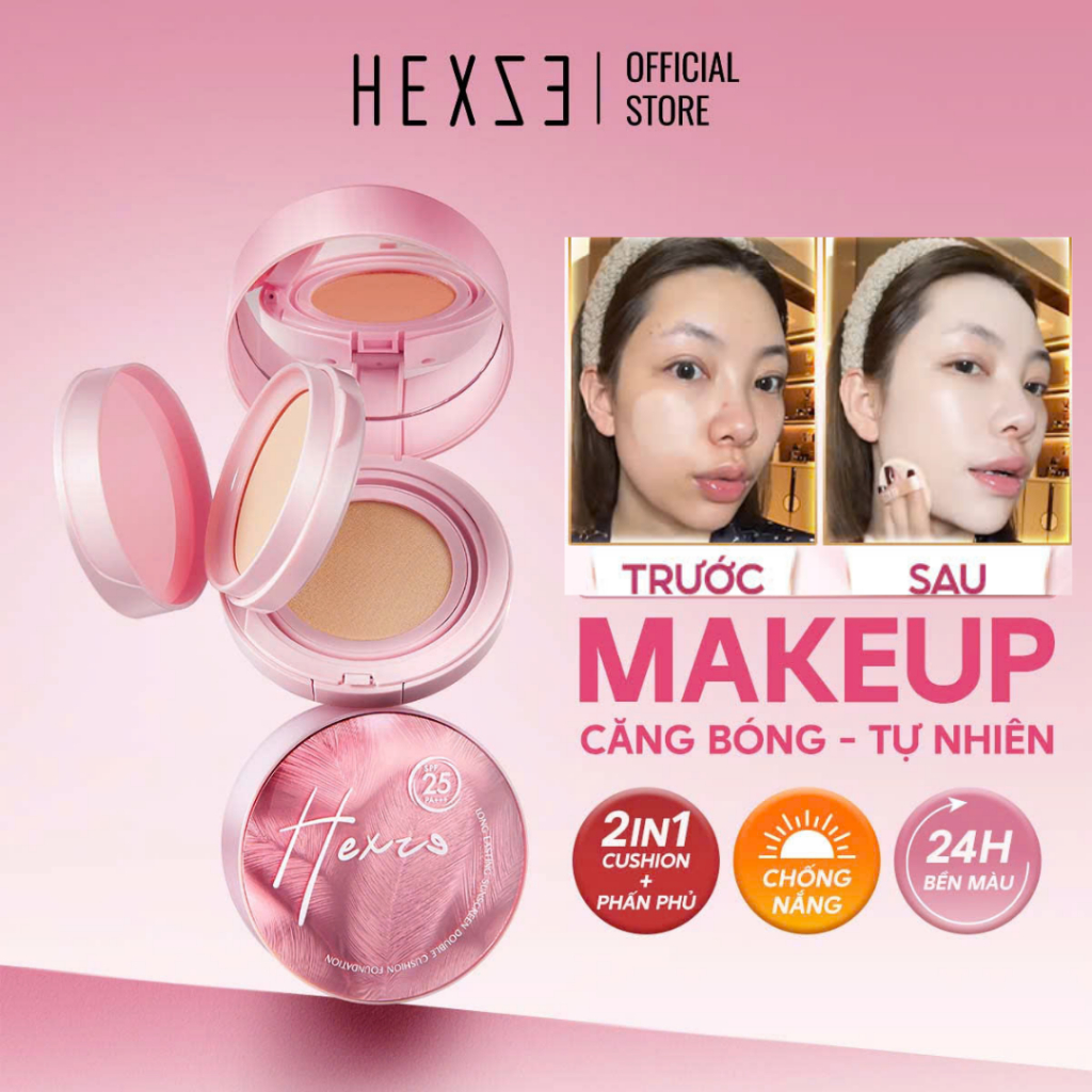Cushion hỗ trợ chống nắng kèm phấn phủ 2in1 HEXZE Spf25 PA+++, nâng tone tự nhiê