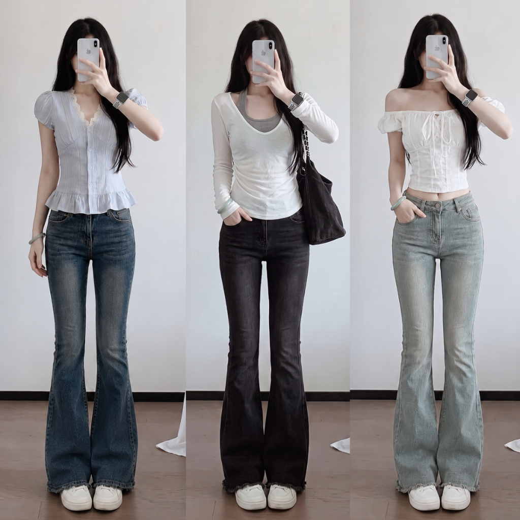 Quần Jean Ống loe nữ MIAA Cạp cao vải rin bò màu bụi xanh nhạt phủ dơ bigsize co